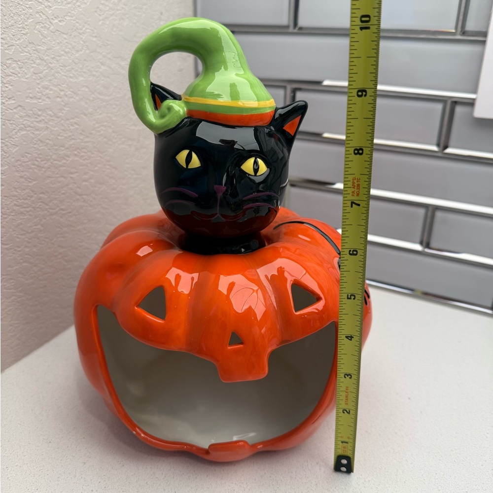 Ceramic Happy Halloween Candy Dish Candle Holder Pumpkin Black Cat - Picture 13 of 14